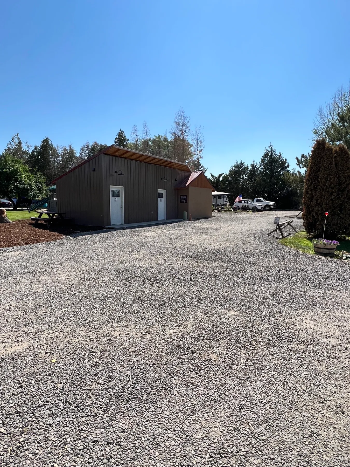 The campground office and newly built private restroom building